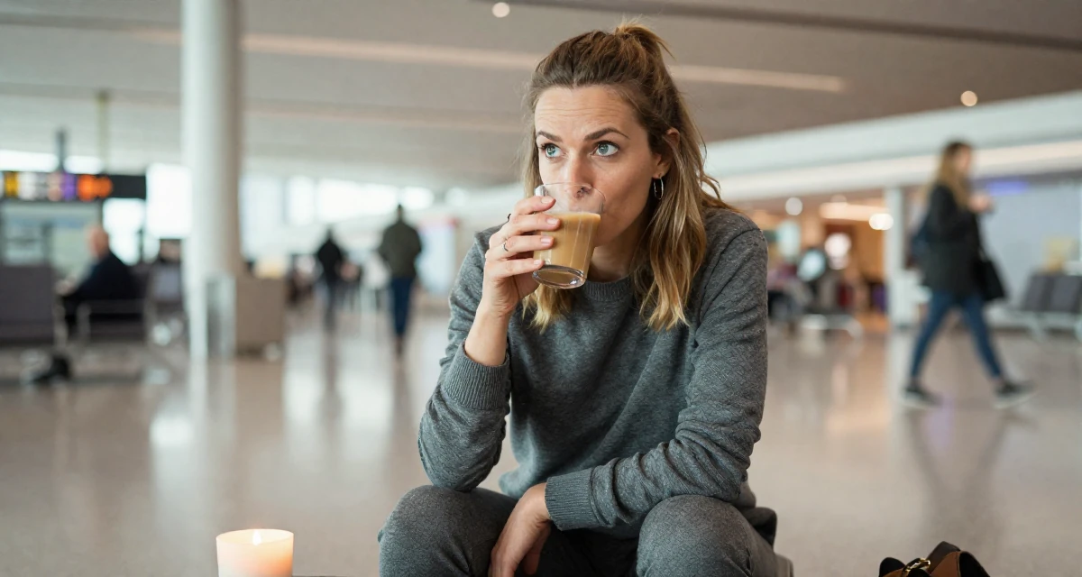 A witty Female From Sweden, studied sociology in their 48, confident public speaker and thought leader, wearing a grey tones casual wear, sipping a warm drink in a airport terminal.