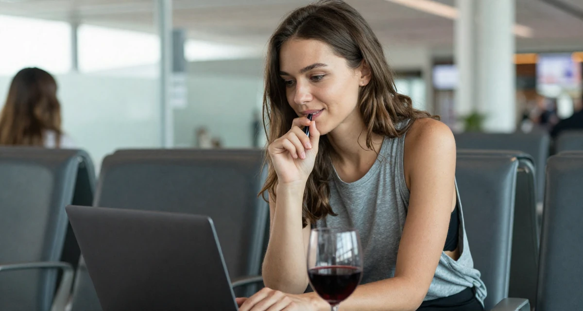 A gently amused Female From Russia, studied digital media at a vocational school in their 31, digital nomad setting up a base in a new city, wearing a loose tank top with deep side cuts, chewing on a pen thoughtlessly in a airport departure lounge.