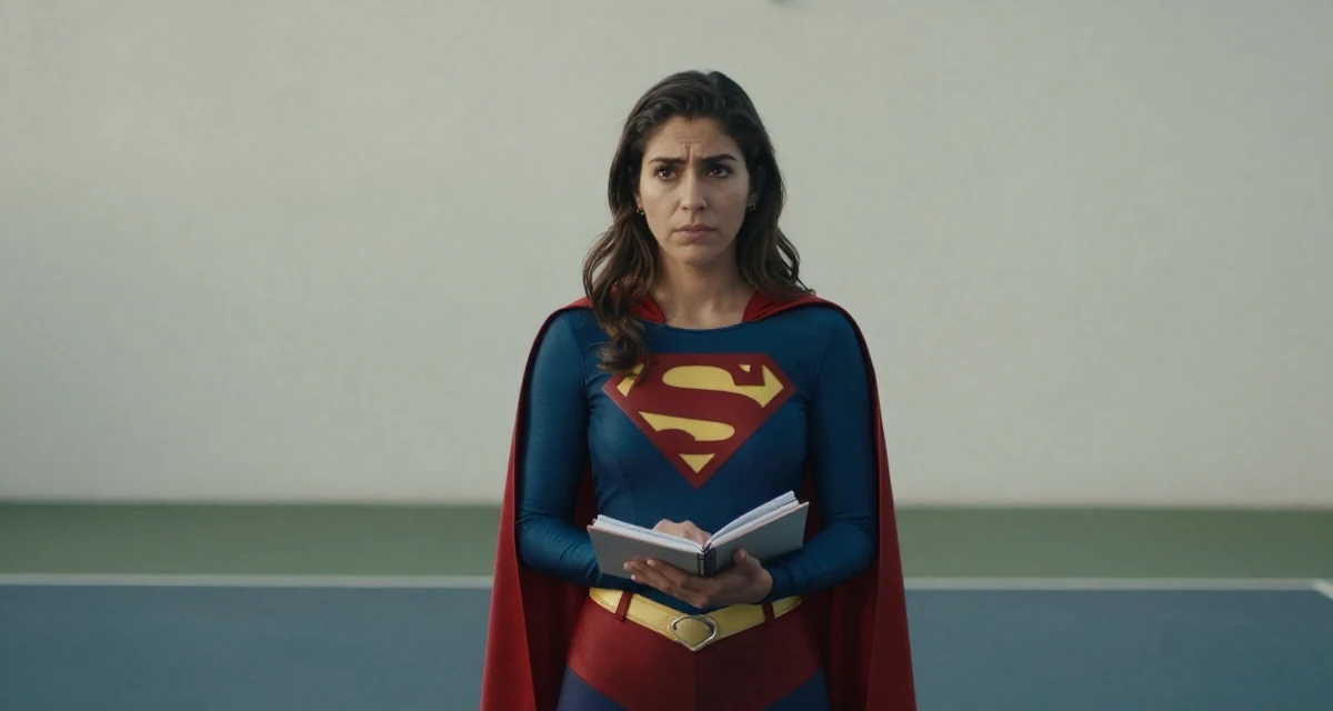 A grounded Female From Mexico, based in Guadalajara, graduated from a cultural academy majoring in expressive body movement in their 25, trying to avoid burnout from overthinking every post, wearing a superheroine spandex suit with a cape, holding a notebook in a tennis court.