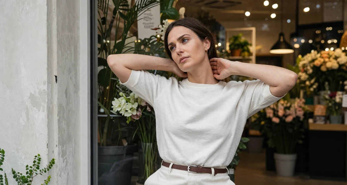 A determined Female Once a financial analyst, now creating emotionally raw premium content in their 34, advocating for eco-friendly parenting, wearing a minimalist Scandinavian style, stretching the neck in a flower shop.