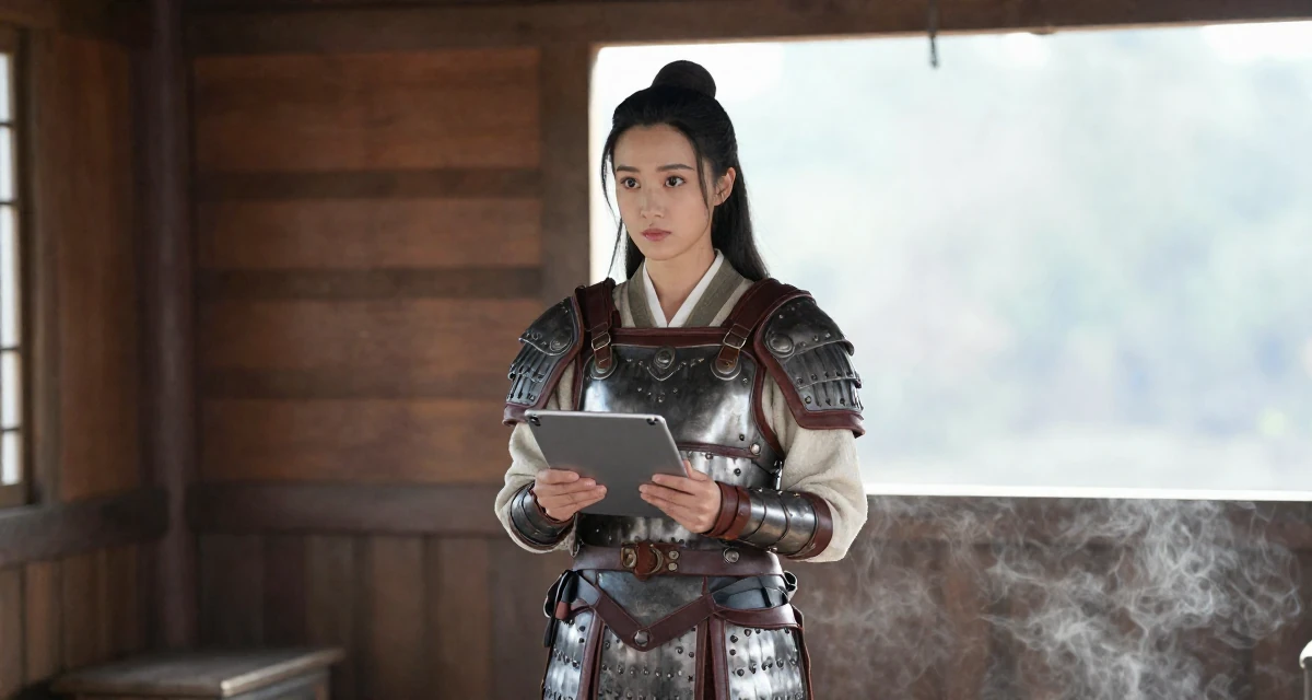 A ethereal Female From Nanjing China, graduated with a finance major in their 23, saving aggressively for a dream travel trip, wearing a gladiator armor with leather straps and a metal breastplate, holding a tablet device in a rustic wooden cabin interior.