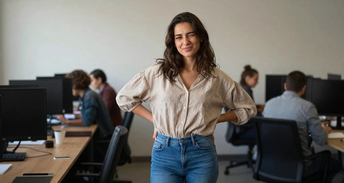 A solemn but kind Female From Morocco, based in Casablanca, graduated from a cultural college majoring in expressive movement studies in their 22, creating slow-burn sensual concepts, wearing a loose fitting blouse tucked into tight jeans, winking playfully in a busy coworking space.