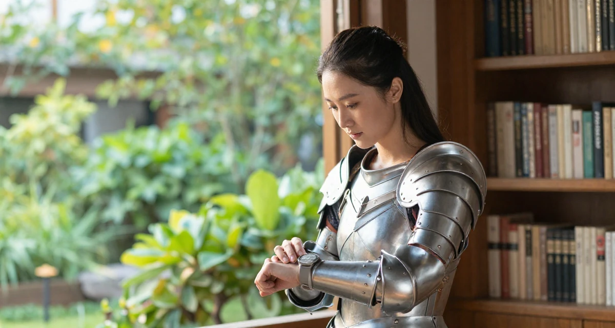 A reflective Female Once a lifeguard, now shooting athletic, beach-centered content in their 29, navigating the fear of stagnation in a saturated market, wearing a fantasy warrior princess armor made of silver metal, glancing at a wristwatch in a quiet library corner.