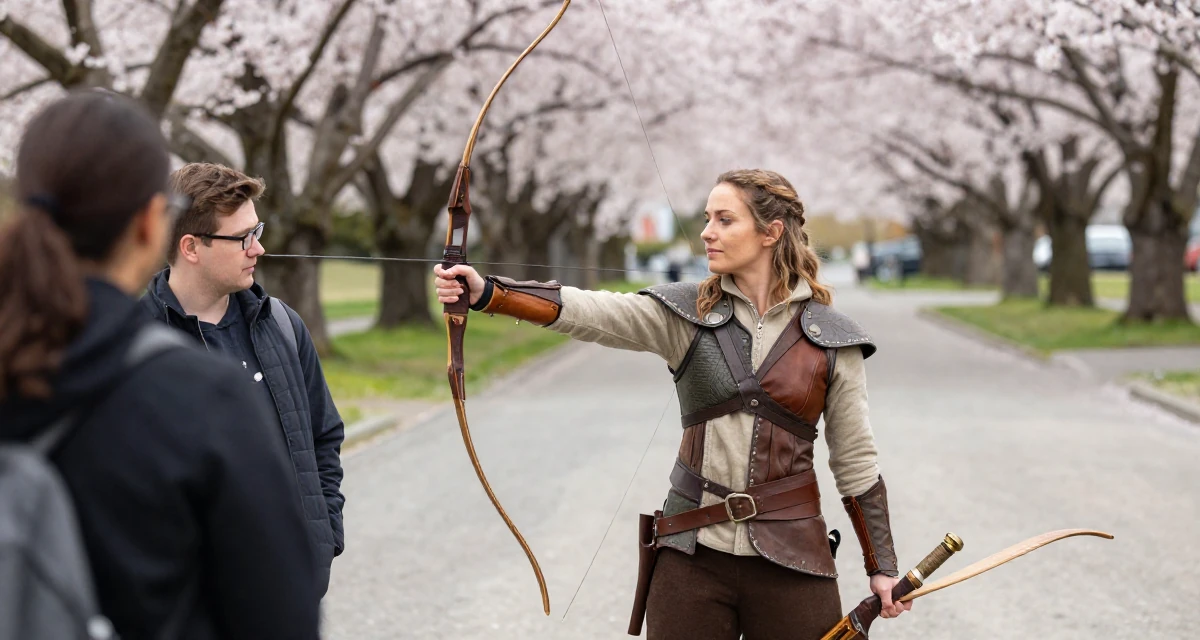 A tranquil Female From New Zealand, majored in landscape architecture in their 32, mentoring younger colleagues, wearing a fantasy elven archer outfit with leather armor details, looking for something in a pocket in a cherry blossom park.