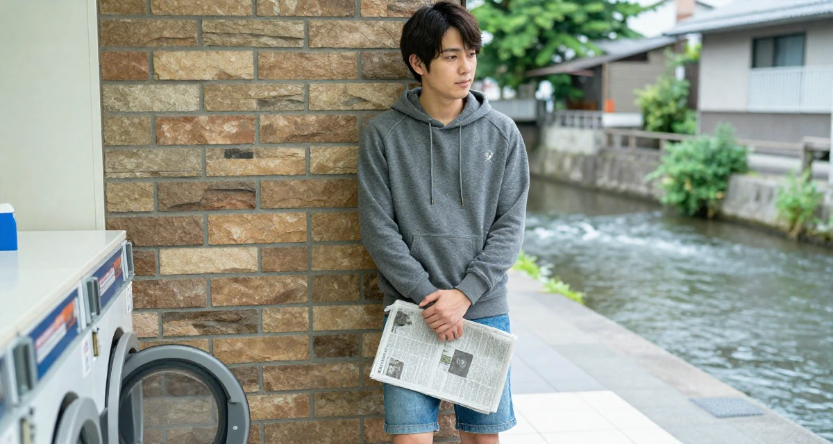 A placid male From Japan, studied nutrition and food science in their 24, learning to say no without guilt, wearing a casual hoodie and denim shorts, holding a newspaper in a laundromat.