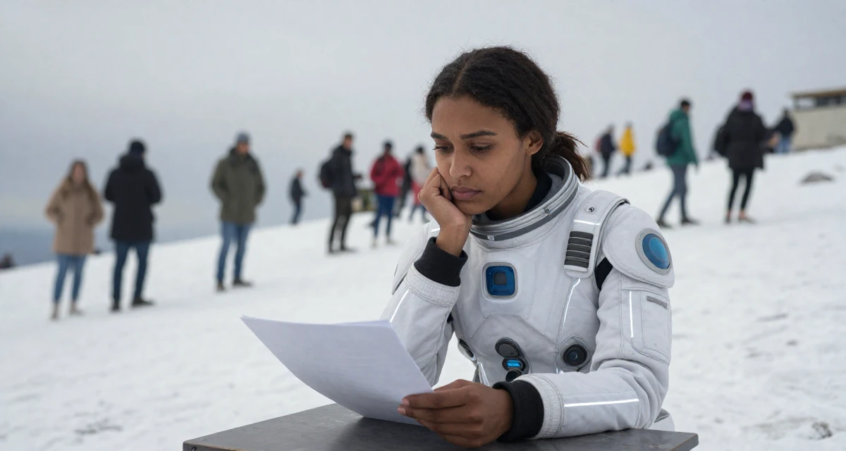 A gently serious Female From Zimbabwe, studied computer programming in their 21, feeling lonely despite being constantly online, wearing a futuristic space pilot plugsuit with glowing lines, holding a piece of paper in a snowy mountain peak.
