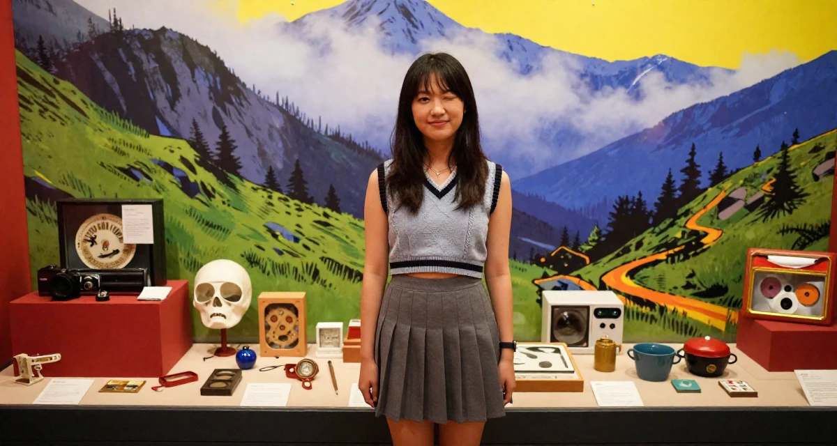 A peaceful Female From UK, studied criminology in their 22, mourning the loss of the university community, wearing a cropped sweater vest and a pleated mini skirt, winking playfully in a museum exhibit.