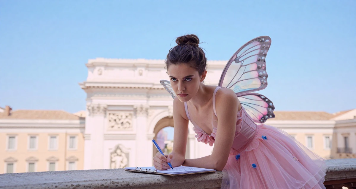 A serious Female From Italy, studied product design in their 25, trying to build an aesthetic that feels authentic, wearing a butterfly-themed fairy dress with large wings, sketching on a pad in a opera house balcony.
