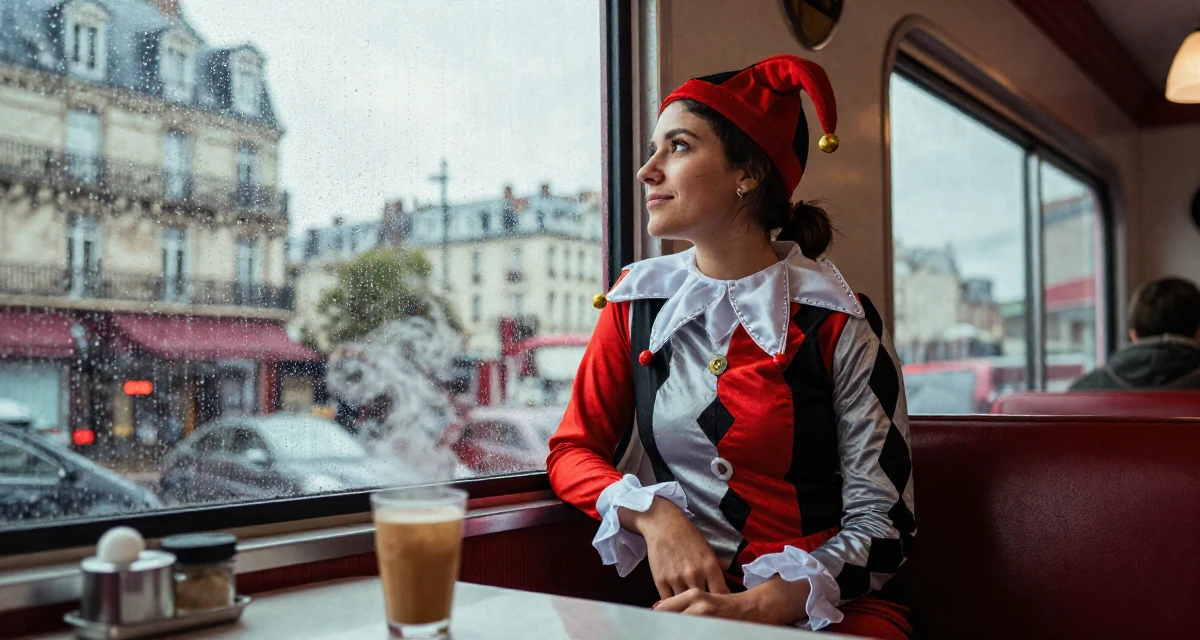 A smirking Female From Nicaragua, majored in sports science in their 23, staring pensively out a rain-streaked window, wearing a harlequin jester costume with a diamond pattern, gazing at the sky in a retro 50s diner.