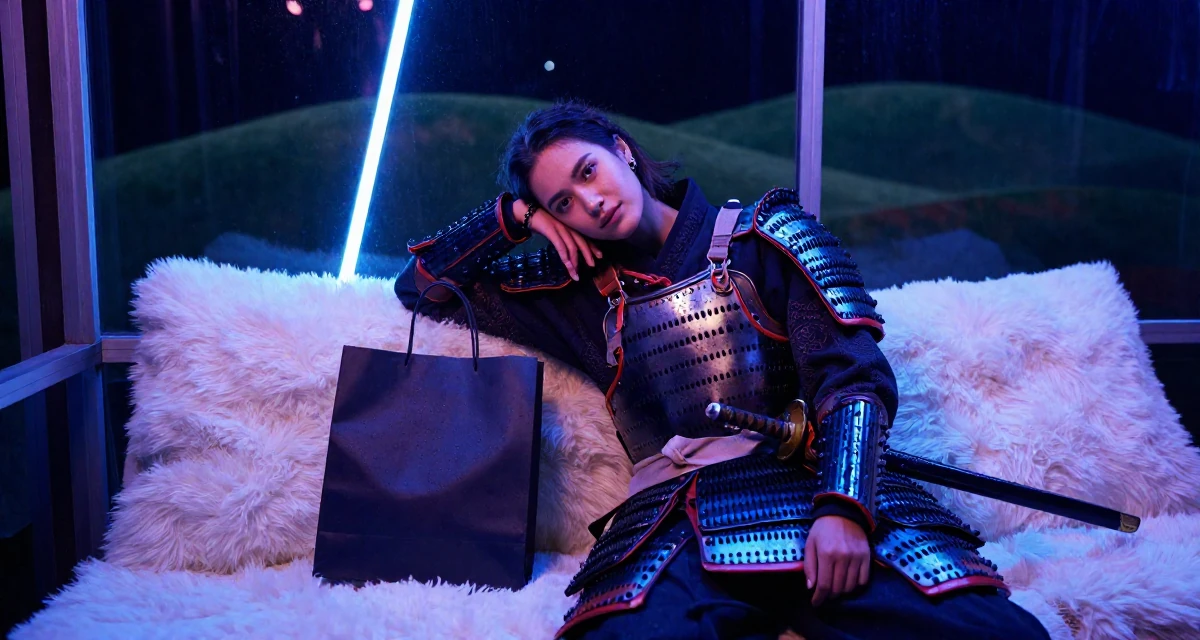 A witty Female From Milan Italy, studied fashion styling in their 23, building consistency in personal projects, wearing a samurai armor set with a katana at the waist, holding a shopping bag in a greenhouse interior.