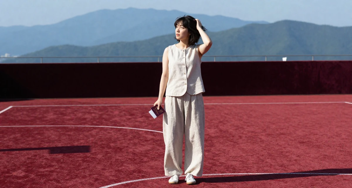A curious Female From Japan, majored in information systems in their 31, sharing the reality of post-partum recovery, wearing a sleeveless vest top and wide-leg linen pants, holding a passport in a basketball court.