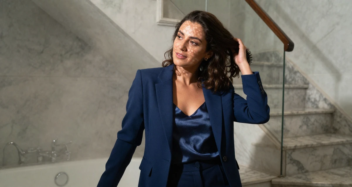 A radiant Female From Brazil, trained in digital cinematography in their 47, creating a guide for solo female travel, wearing a crisp navy blue blazer over a silk camisole and trousers, brushing hair back in a marble bathroom with a tub.