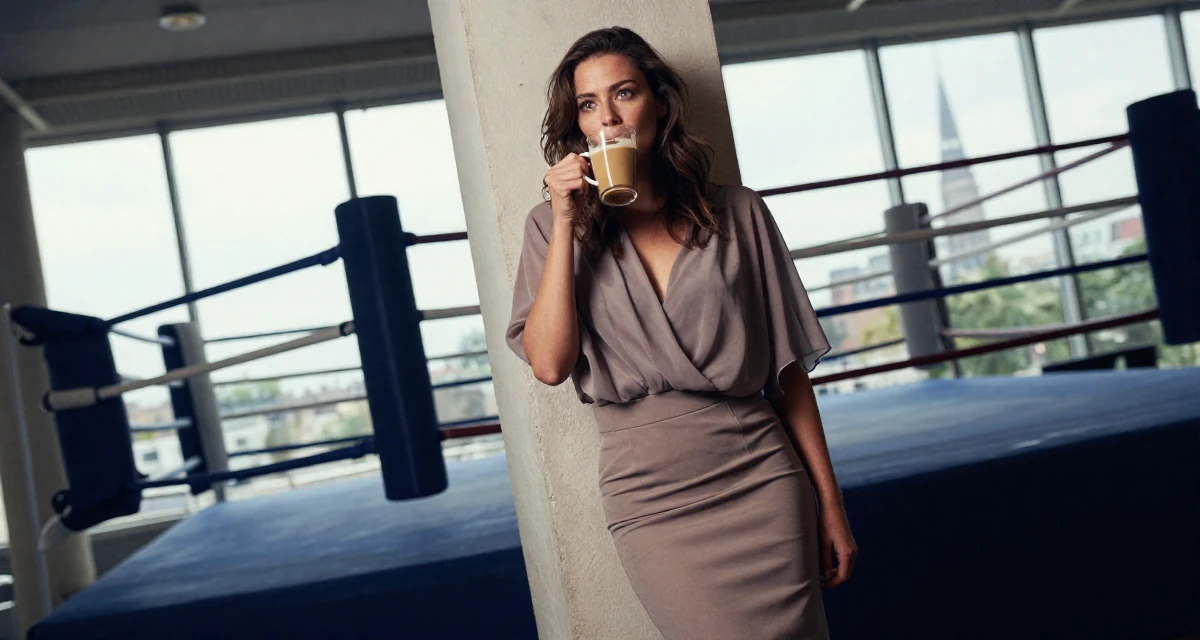A zoned out Female From Germany, based in Düsseldorf, graduated from a design university majoring in atmospheric visual storytelling in their 46, sharing elegant fashion tips for the office, wearing a tight pencil skirt and a loose chiffon top, sipping a latte in a boxing ring.