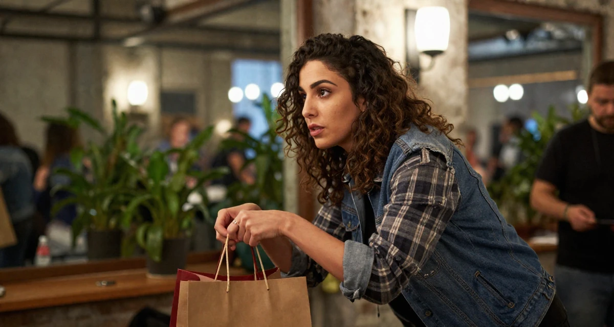 A soulful Female From Istanbul Türkiye, learned belly dance and expressive movement in their 22, building early digital portfolios, wearing a rugged flannel shirt and denim, holding a shopping bag in a industrial loft.