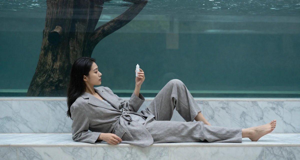 A dignified Female Once a junior chemist, now exploring creative body-lighting concepts in their 21, seeking deeper connections beyond small talk, wearing a relaxed fit suit separate, examining a product in a aquarium tunnel.