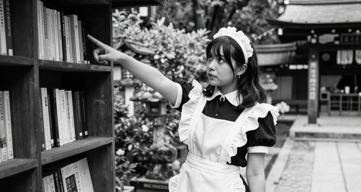 A romantic Female From Manila Philippines, learned stage presence from bar performance work in their 25, balancing innocence and boldness in early shoots, wearing a maid outfit with a white apron and ruffled headband, biting the lower lip softly in a Japanese Shinto shrine.