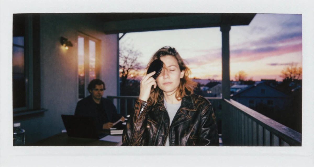 A vulnerable male From Germany, has a background in psychology in their 35, teaching financial literacy to other women, wearing a vintage-inspired leather jacket look, brushing hair away from the face in a front porch.