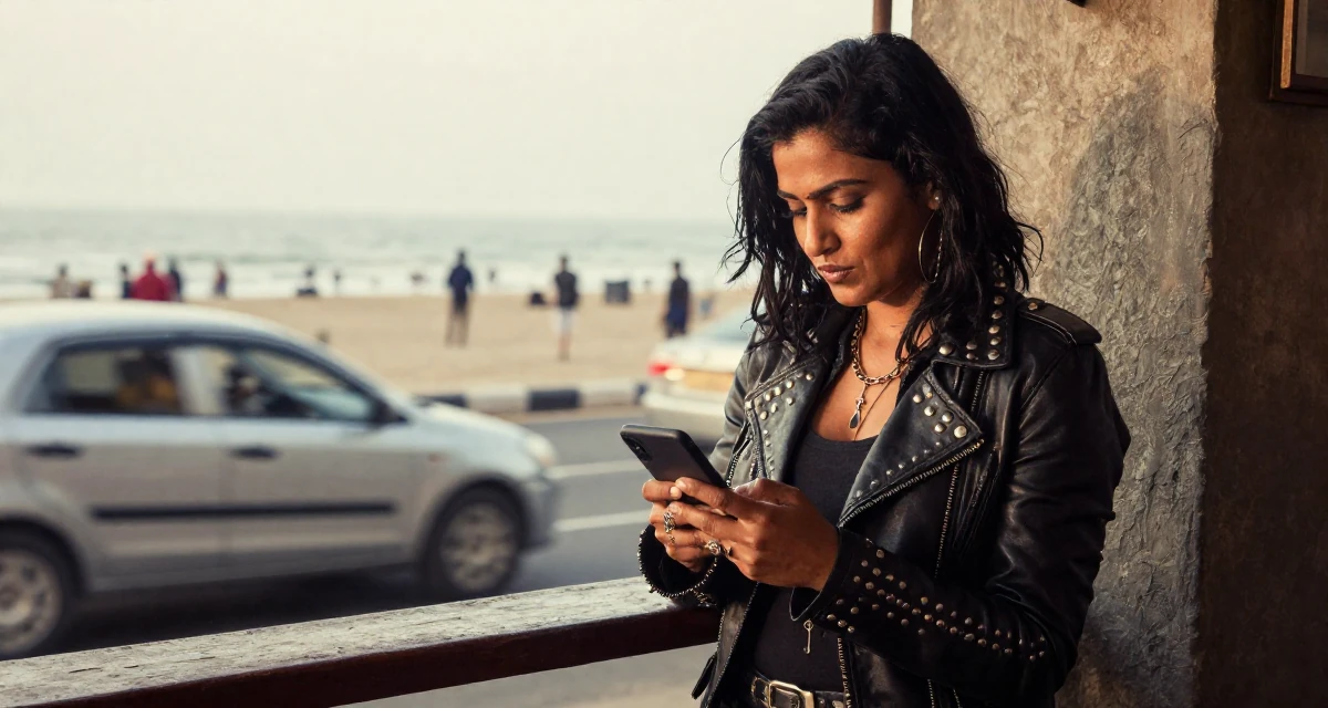 A spirited Female From Mumbai India, studied film production in their 40, sharing the joy of adoption and family, wearing a heavy metal rocker outfit with studs and leather, scrolling casually in a beach bar.