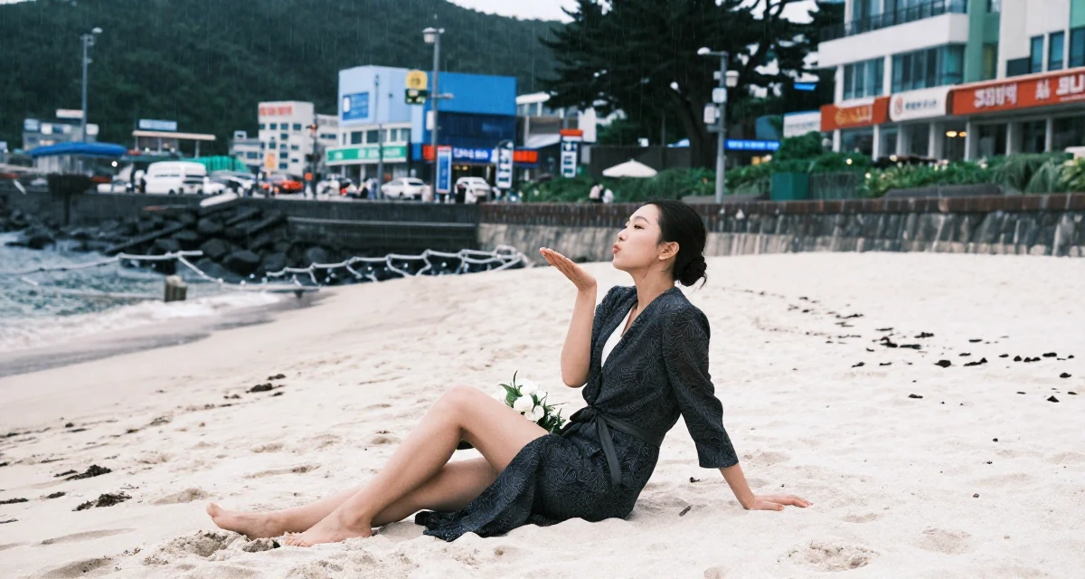A sophisticated Female From Busan South Korea, majored in industrial design in their 30, planning a dream wedding on a budget, wearing a refined casual Friday look, blowing a kiss in a tropical white sand beach.