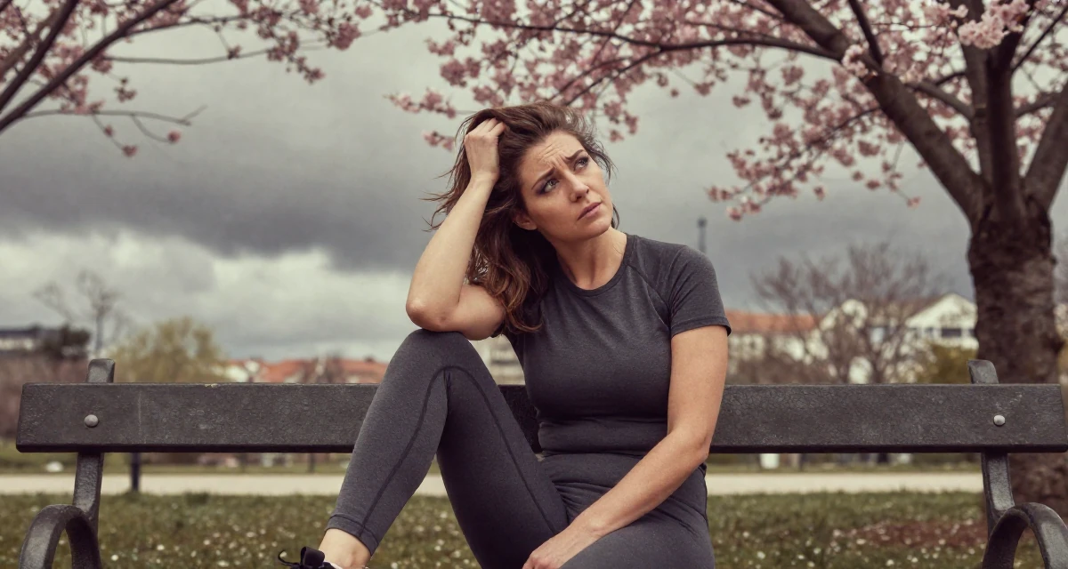 A patient Female From Porto Portugal, studied creative makeup for expressive shoots in their 35, planning for a legacy or long-term impact, wearing a fitted athletic wear, scratching the head in confusion in a park bench.