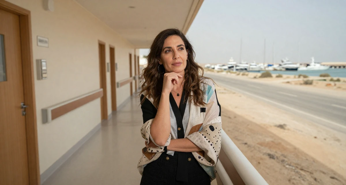 A dreaming Female Born in Greece, majored in content creation & storytelling in their 40, celebrating professional mastery and confidence, wearing a artistic layered clothing, touching the chin thoughtfully in a hospital corridor.