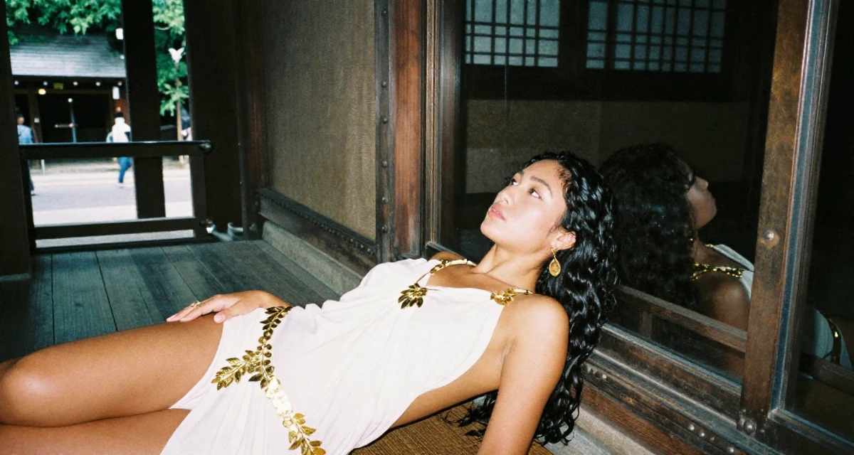 A bored Female From Miami USA, studied body aesthetics and bikini competition prep in their 23, pretending everything is fine while barely covering bills, wearing a greek goddess toga with gold leaf accessories, looking at a reflection in a window in a Japanese Shinto shrine.