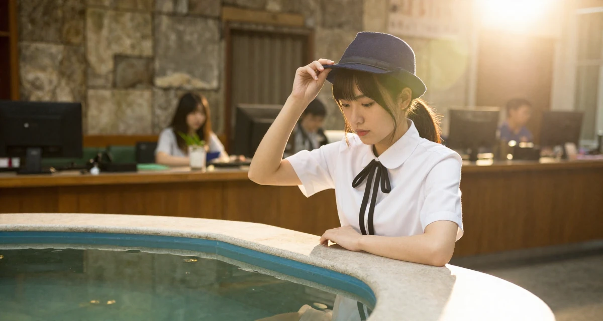 A cool and collected Female From Chengdu China, self-taught photographer with nightlife roots in their 22, feeling like a small fish in a big corporate pond, wearing a white shirt with a black ribbon tie, adjusting a hat in a radio station.