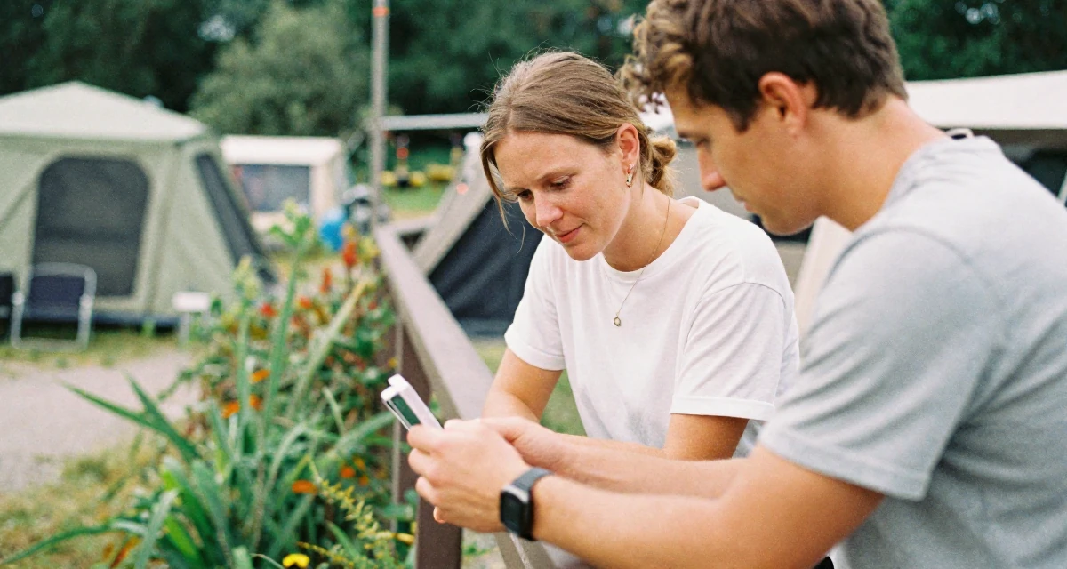 A grateful Female From Sweden, majored in industrial engineering in their 32, mentoring younger colleagues, wearing a minimalist everyday clothing, inspecting an object in a camping site.