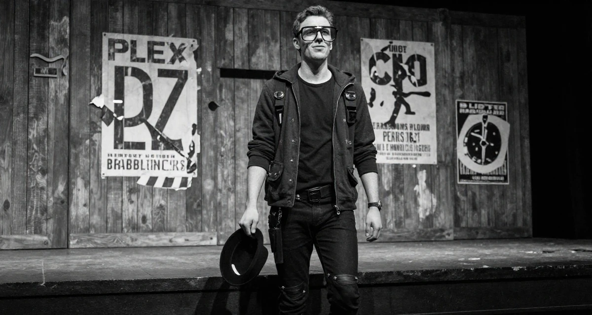 A amused male From UK, studied fashion marketing in London in their 31, feeling the biological clock or societal pressure, wearing a cyberpunk hacker outfit with oversized tech glasses, holding a hat in a theater stage.