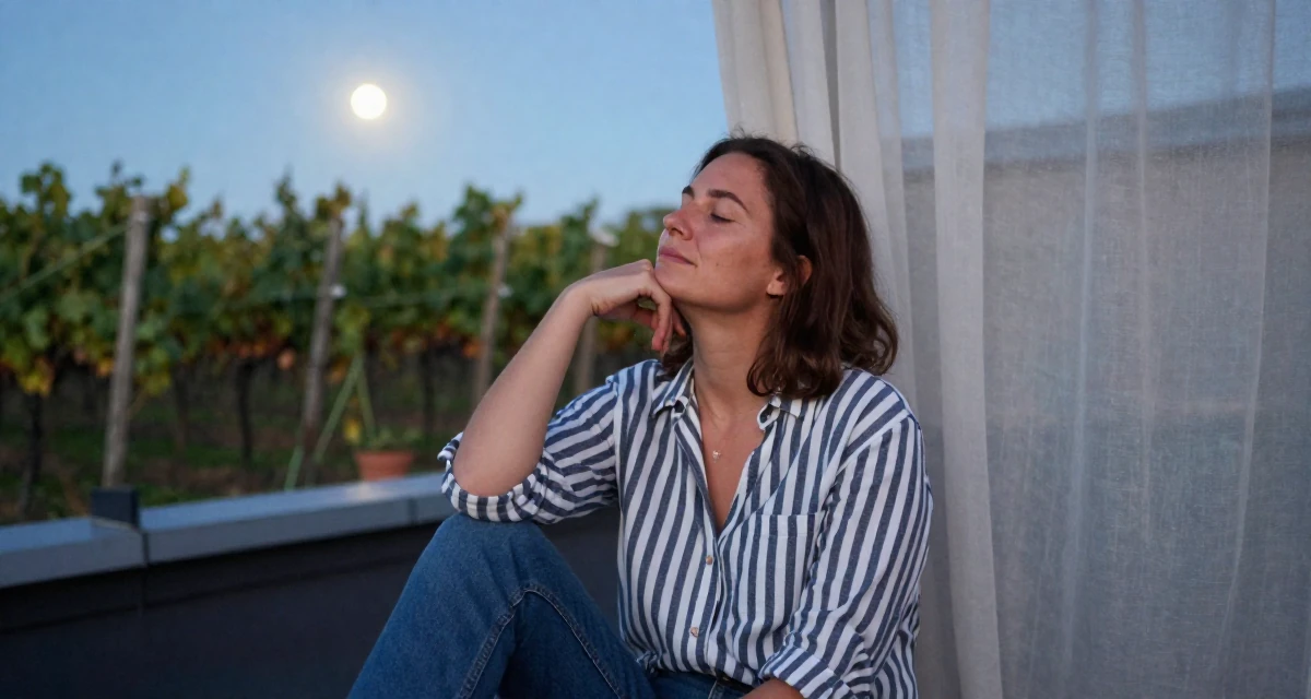 A thoughtfully silent Female From Finland, based in Espoo, graduated from a design institute majoring in atmospheric lighting arts in their 41, rebuilding confidence after job loss, wearing a classic striped shirt and jeans, touching the chin thoughtfully in a rooftop garden.