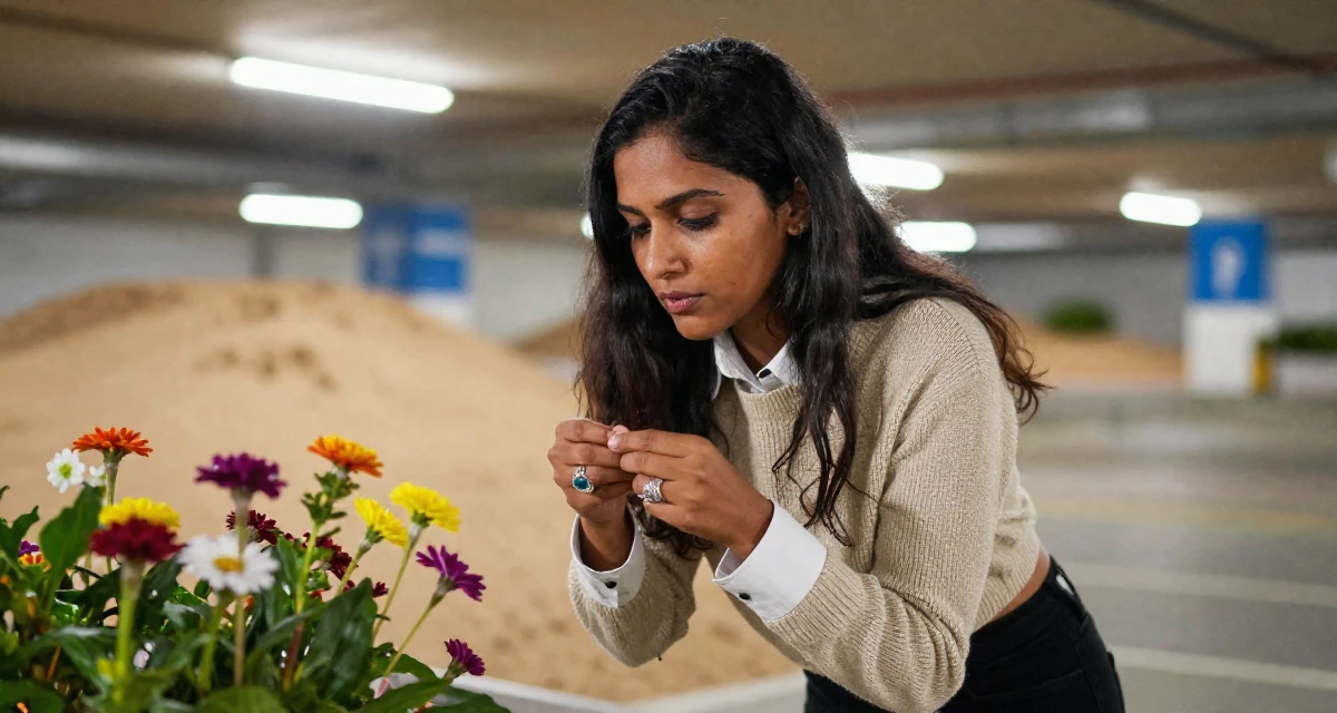 A pensive Female From Sri Lanka, based in Kandy, graduated from a regional institute majoring in advertising in their 39, prioritizing quality over quantity in life, wearing a cropped sweater over a collared shirt, playing with a ring in a underground parking garage.