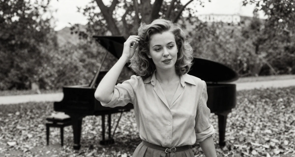 A bashful Female From Russia, has a background in piano performance in their 25, vibrating with creative potential, wearing a lightweight chiffon blouse slightly unbuttoned, retouching hair volume in a magical forest clearing.