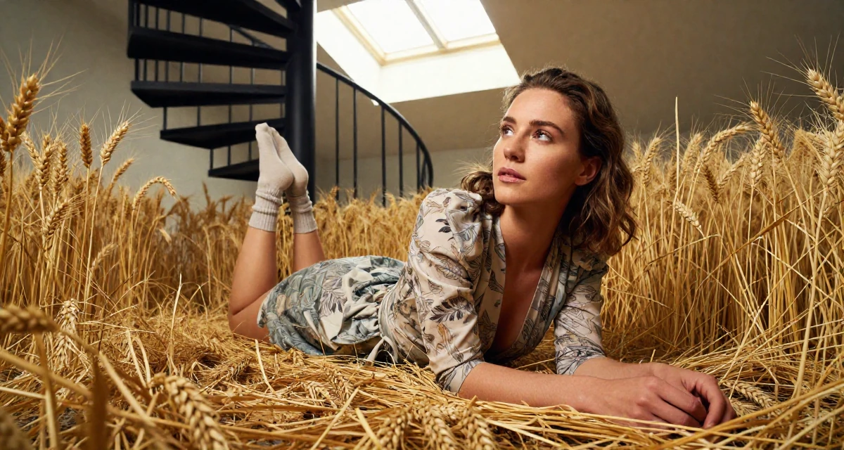 A thoughtful Female From Gothenburg Sweden, studied sustainable development in their 33, seeking a deeper connection with nature, wearing a wrap blouse with a deep neckline, pulling up a sock in a golden wheat field.