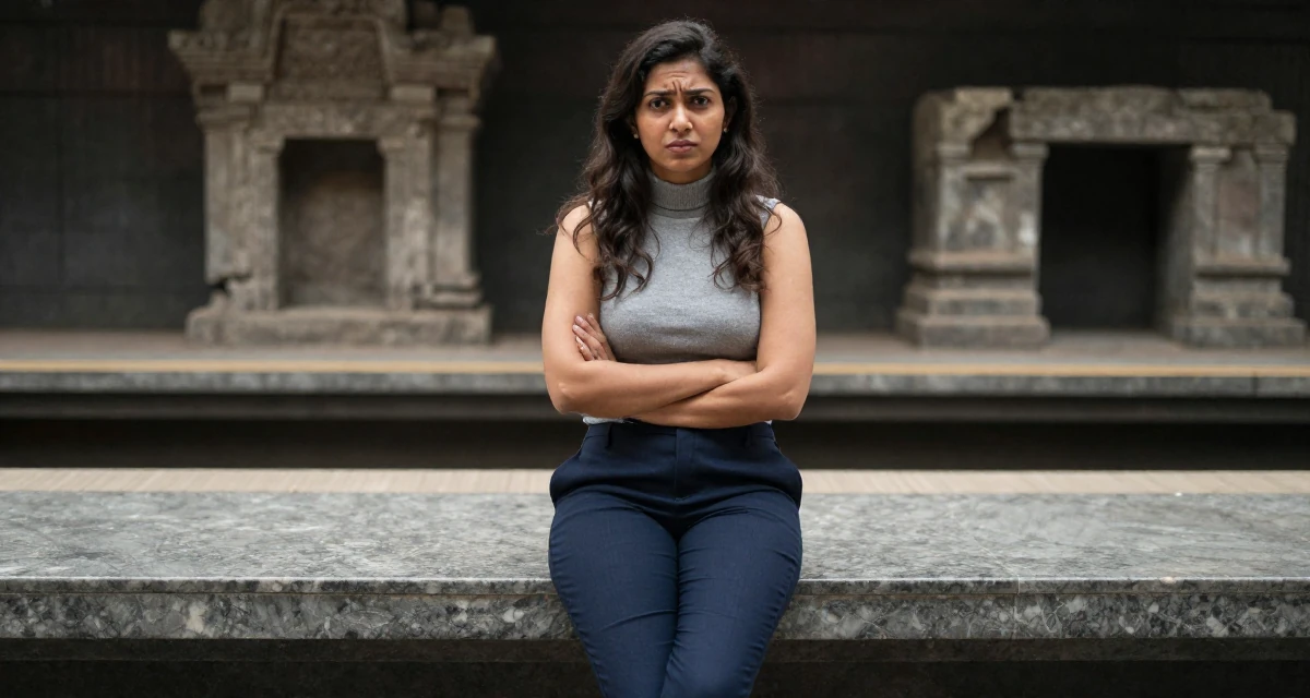 A confused Female Raised in Bangladesh, studied consumer insights in their 44, navigating divorce and finding new happiness, wearing a sleeveless turtleneck top and tailored cigarette pants, crossing legs in a subway platform.