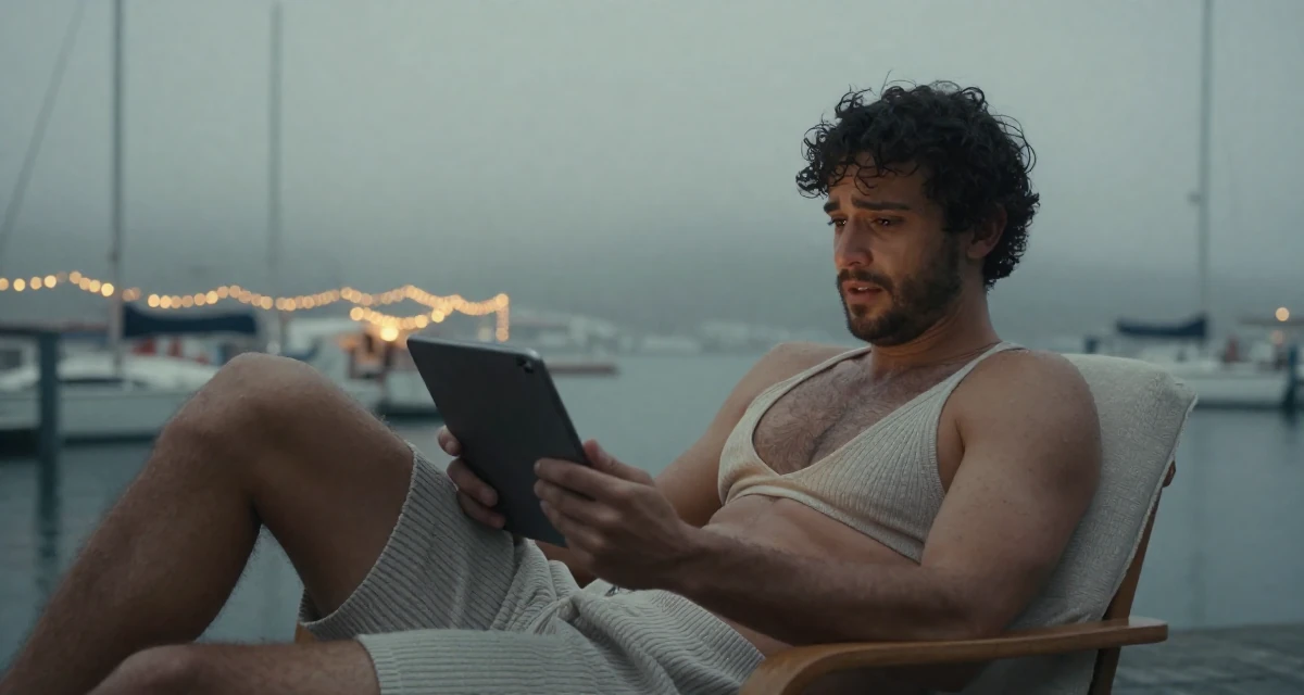 A emotionally moved male From France, studied philosophy at Sorbonne in their 34, seeking spiritual or philosophical growth, wearing a ribbed knit shorts and a matching bra top, holding a tablet in a foggy harbor.