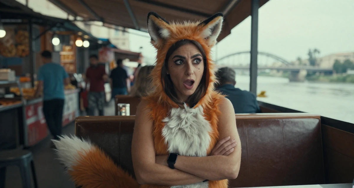 A playful and energetic Female From Alexandria Egypt, practiced creative self-portraiture in their 34, sharing the journey of infertility and hope, wearing a fox spirit (kitsune) outfit with fluffy ears and tails, crossing arms confidently in a restaurant booth.