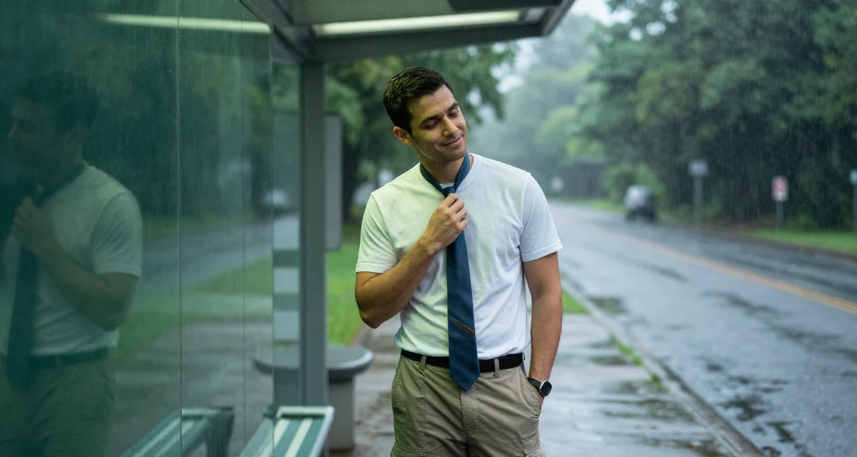 A positive male From United States, majored in cybersecurity in their 25, radiating an elegant and poised vibe, wearing a simple t-shirt and cargo pants, playing with a tie in a bus stop in the rain.