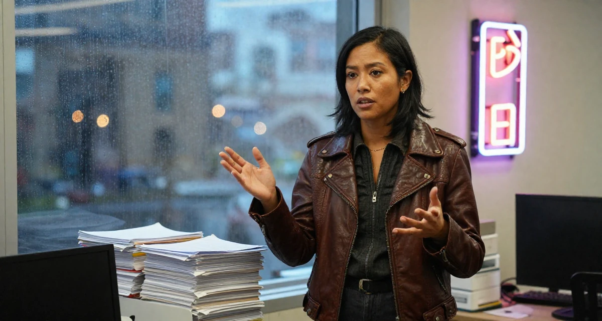A serious Female From USA, studied computer science but switched to arts in their 27, focusing on long-term wealth building, wearing a vintage-inspired leather jacket look, gesturing while talking in a office break room.