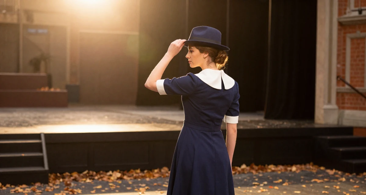 A placid Female From UK, studied law at a prestigious university in their 22, facing creative blocks during busy weeks, wearing a navy blue dress with white collar and cuffs, adjusting a hat in a theater stage.