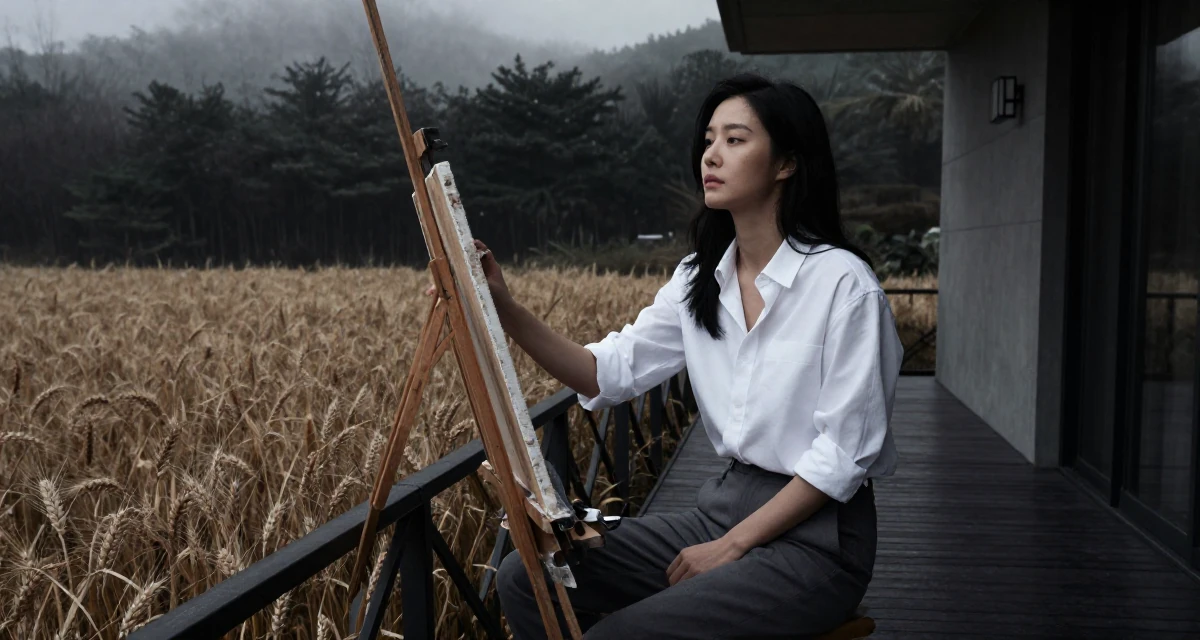 A resilient Female From South Korea, trained in broadcasting and media in their 38, rediscovering old hobbies like painting, wearing a crisp white shirt and chinos, holding a railing in a modern apartment.