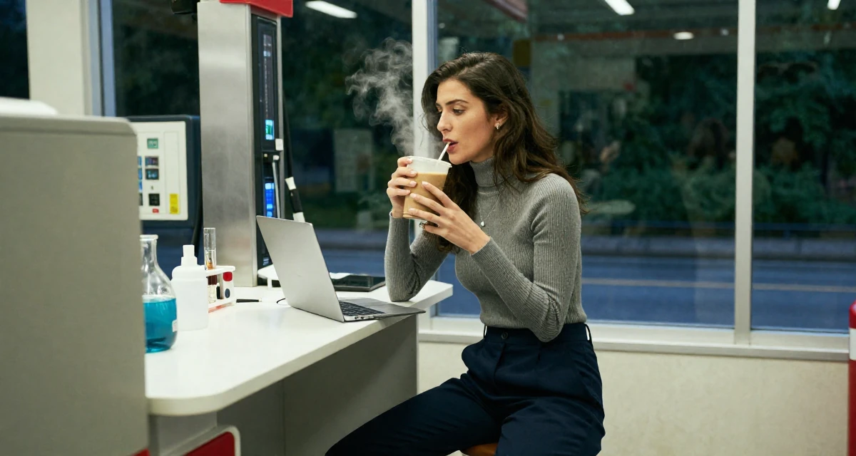 A energetic Female Once a biology lab intern, now crafting sensual science-themed content in their 25, learning boundaries the hard way from pushy fans, wearing a sophisticated turtleneck and trousers, scrolling casually in a gas station at night.