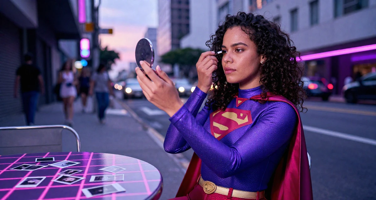 A settled Female Raised in Brazil, majored in multimedia arts in their 34, exuding quiet confidence and authority, wearing a superheroine spandex suit with a cape, checking makeup in a compact mirror in a bustling city street.