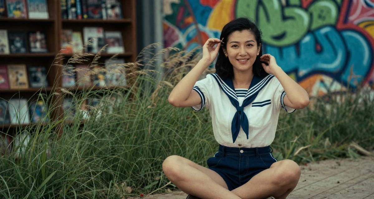 A hopeful Female From Mongolia, based in Ulaanbaatar, graduated from a national university majoring in media studies in their 29, battling algorithm changes that destroy momentum, wearing a vintage pin-up sailor outfit with high-waisted shorts, adjusting a hairpin in a vintage bookstore.