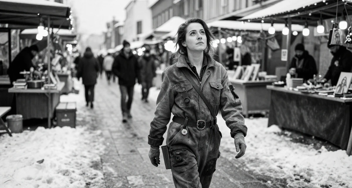 A resilient Female Once a real-estate assistant, now a full-time self-portrait artist in their 28, feeling a renewed sense of ambition, wearing a steampunk mechanic jumpsuit with grease stains, gazing at the sky in a snowy sidewalk.