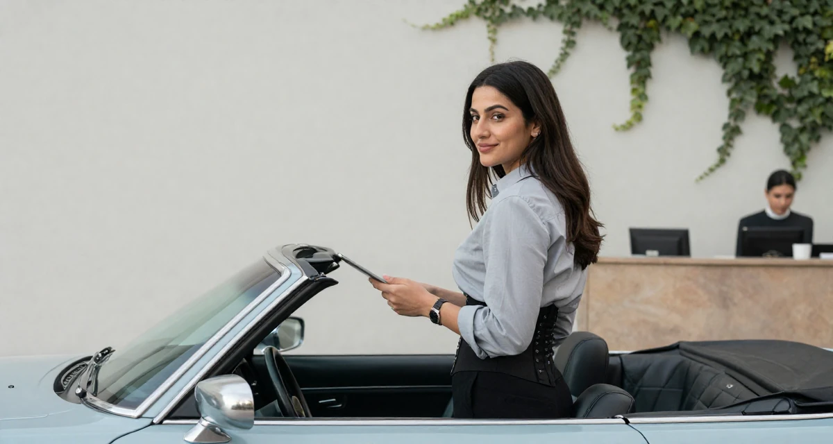 A satisfied Female From Abu Dhabi UAE, studied finance and banking in their 22, embracing a more mature, sultry brand identity, wearing a button-up shirt with a corset belt and black pants, holding a tablet in a vintage convertible car.
