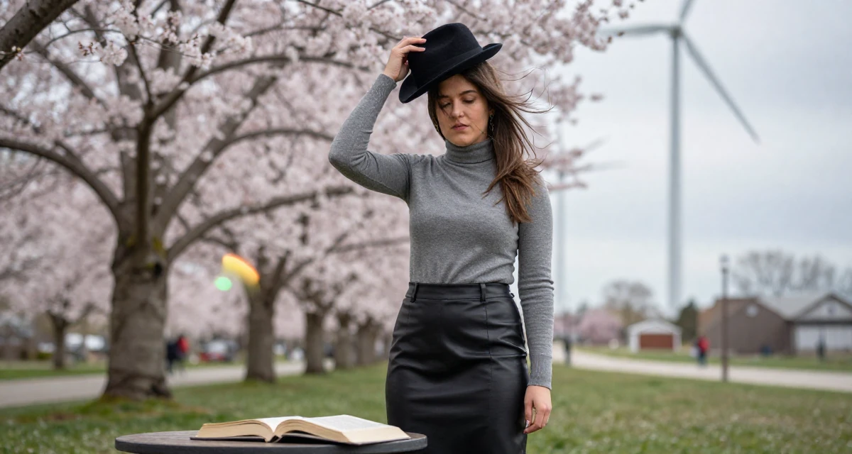A shy Female From Toronto Canada, studied criminology in their 24, exploring unconventional career paths, wearing a fitted turtleneck and a leather midi skirt, holding a hat against the wind in a cherry blossom park.