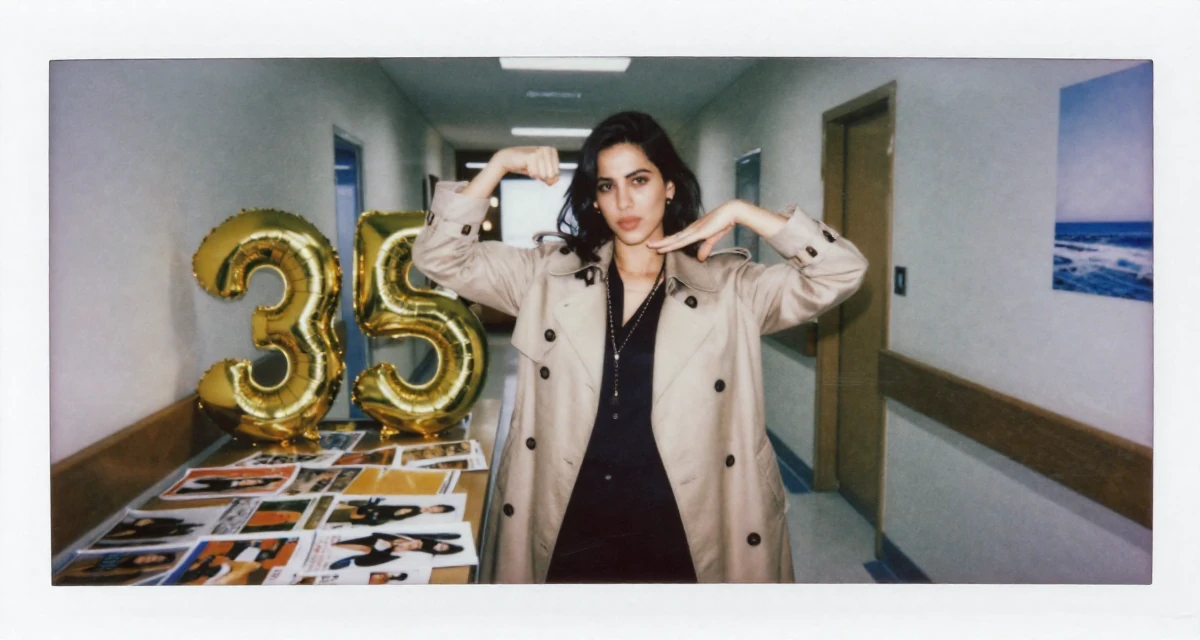 A distracted Female From Arabic-speaking world, majored in health administration in their 35, celebrating a major career milestone, wearing a stylish trench coat over basics, fiddling with a necklace in a hospital corridor.