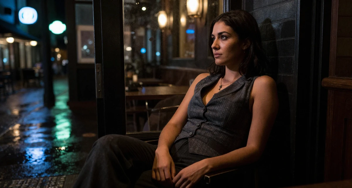 A mysterious Female From USA, studied anthropology and folklore in their 24, learning how to set boundaries in private messages, wearing a fitted vest top worn without a shirt underneath and slacks, glancing sideways in a high-end restaurant.