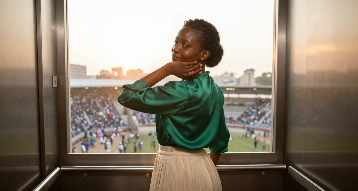 A amused Female From Uganda, majored in telecommunication engineering in their 22, romanticizing the struggle of city living, wearing a emerald green silk blouse and a cream skirt, stretching the neck in a elevator hall.