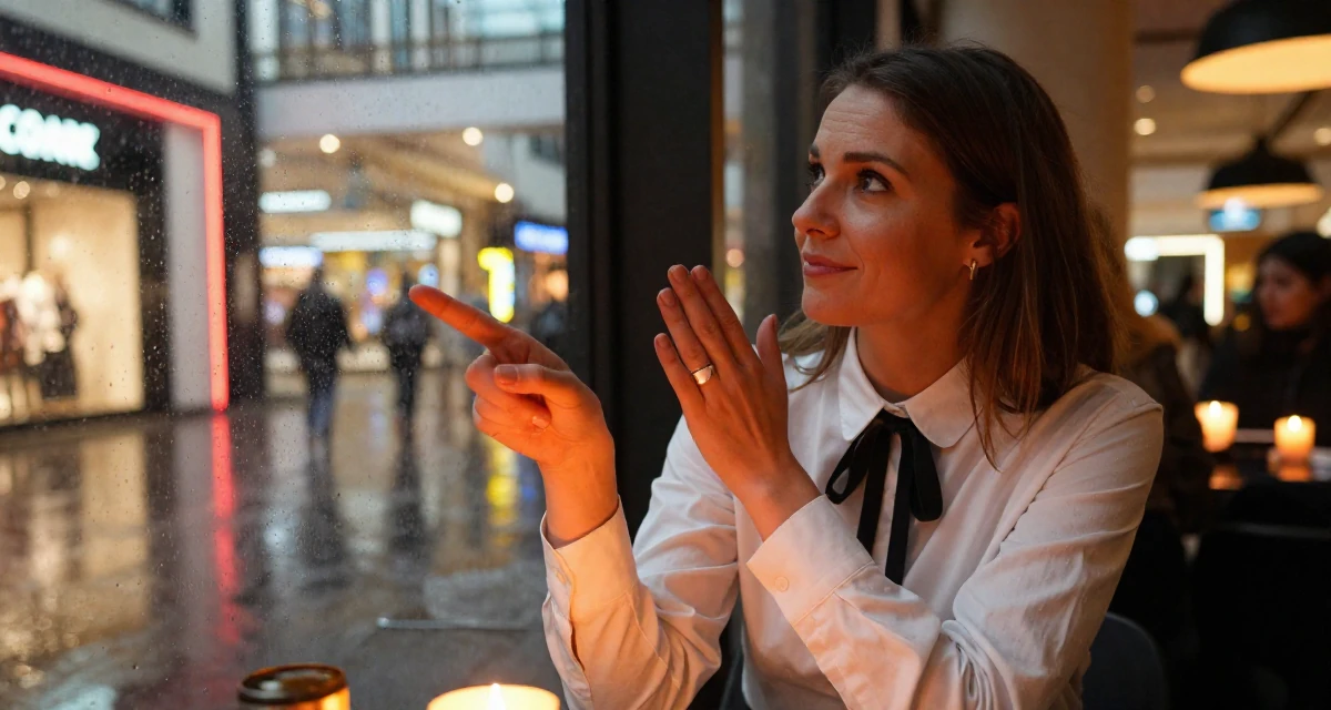 A quietly content Female From Netherlands, studied digital media and interaction design in their 25, exploring monetization without compromising comfort, wearing a white shirt with a black ribbon tie, rubbing hands together for warmth in a shopping mall atrium.